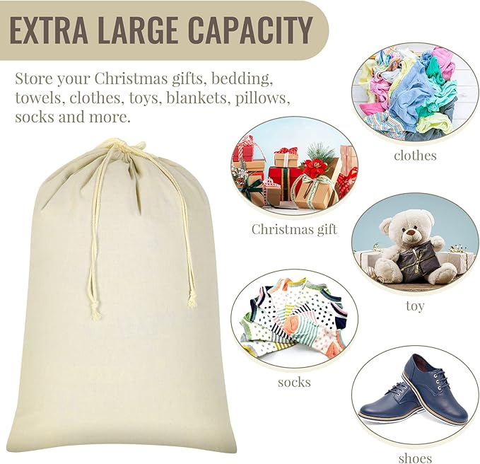 12 Pieces 28" x 36" Canvas Laundry Bags Bulk Large Cotton Laundry with Drawstring Heavy Duty Hamper Liner Washable Dirty Clothes Santa Bag for Travel Household