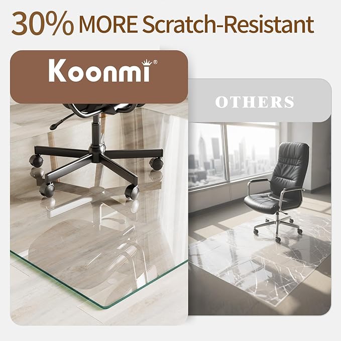 Koonmi Tempered Glass Chair Mat 60"x48" - Premium Office Chair Mat for Hardwood Floors & Low-Pile Carpet with 4 Non-Slip Pads - Thick Scratch-Resistant Surface