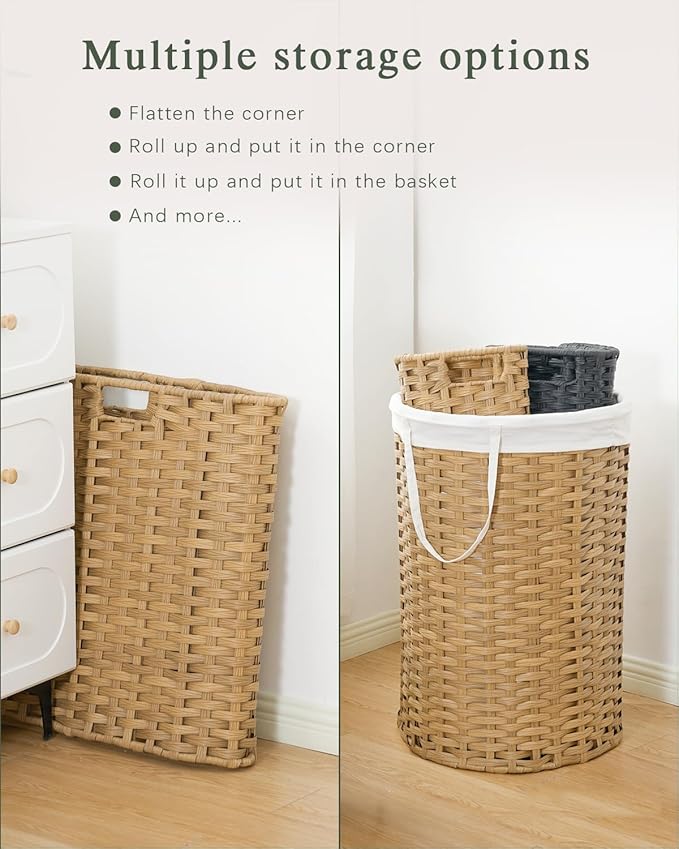 Laundry Basket Round Rattan Laundry Hamper 29.1 Gal (110 L) Handwoven Large Wicker Basket with Handles, Wicker Hamper with Removable Bags and 2 Mesh Bags for Bathroom Living Room Natural