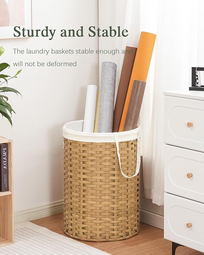 Laundry Basket Round Rattan Laundry Hamper 29.1 Gal (110 L) Handwoven Large Wicker Basket with Handles, Wicker Hamper with Removable Bags and 2 Mesh Bags for Bathroom Living Room Natural