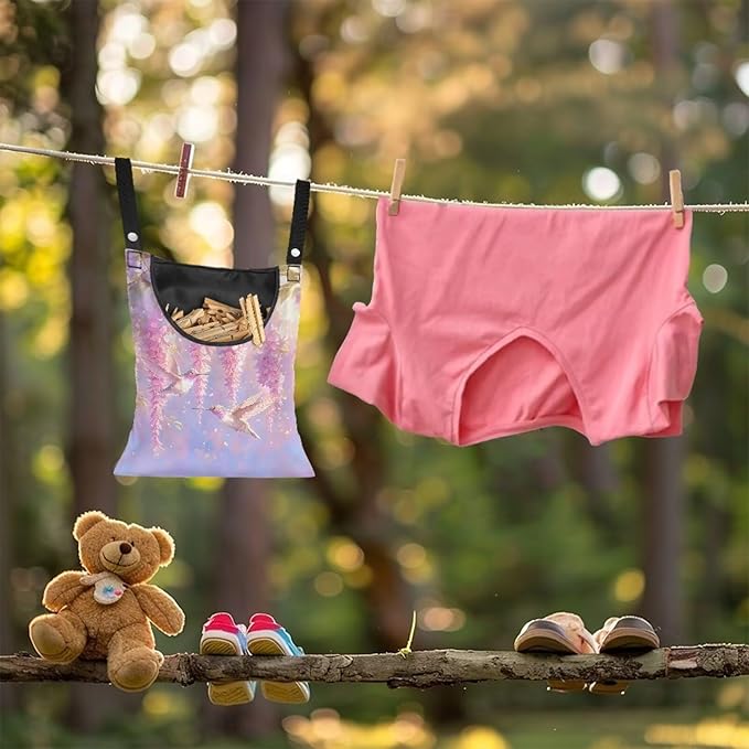 Clothespin Bag for Outdoor Laundry Clothesline and Clothes Pin Holder Clothespin Bag for Heavy Duty Outdoor Use - Hummingbird Flower