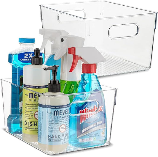 Plastic Food Storage 2 Pack Clear Container Bin with Handles for Organizing Kitchen, Pantry, Refrigerator, Freezer, Pantry, Cabinet, Closet, Bathroom. 10”x7.5”x5.3”