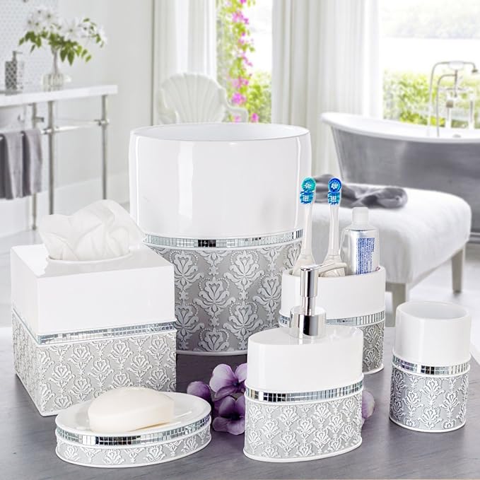 Creative Scents Mirror Damask Bathroom Cup - Electric Toothbrush and Toothpaste Holder for Bathroom, Gray & White Tooth Brush Holder Tumbler Cup for Toothbrushes, Toothpaste, Makeup Brushes or Rinsing