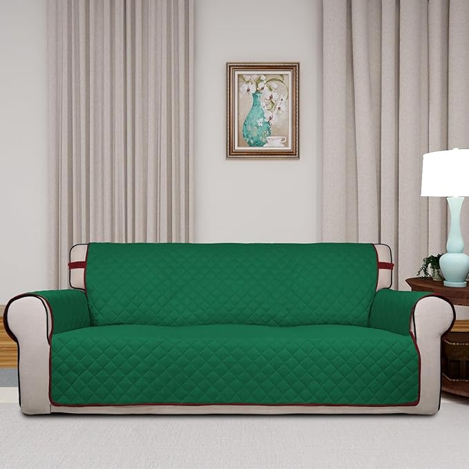PureFit Reversible Quilted Sofa Cover, Water Resistant Slipcover Furniture Protector, Washable Couch Cover with Non Slip and Elastic Straps for Kids, Dogs, Pets (Sofa, Green/Red)