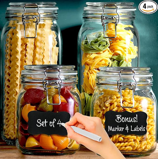 4 Glass Food Storage Jars with Airtight Lids + Chalkboard & Marker, Kitchen Canisters for Flour, Sugar, Coffee, Cereal, Pasta, Canning, Cookie Jar with Clamp Lid, Square Mason Jars 2-78oz, 2-34oz