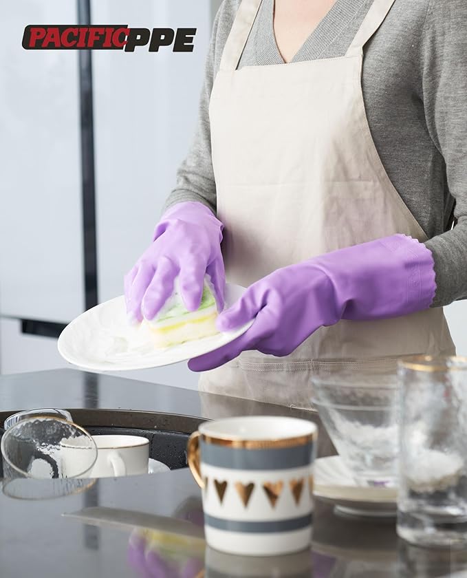 PACIFIC PPE 2 Pairs Reusable Dishwashing Cleaning Gloves with Latex Free, Cotton Lining, Kitchen Gloves, Purple, Medium