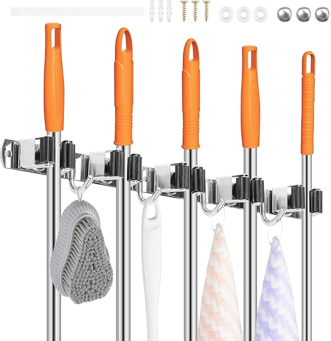 3Pcs 5 Racks 4 Hooks Stainless Steel Broom Mop Holder Anti Slip Wall Mount Broom Storage Rack Strong Load Bearing Waterproof Mop Broom Organizer for Bathroom Kitchen Garage