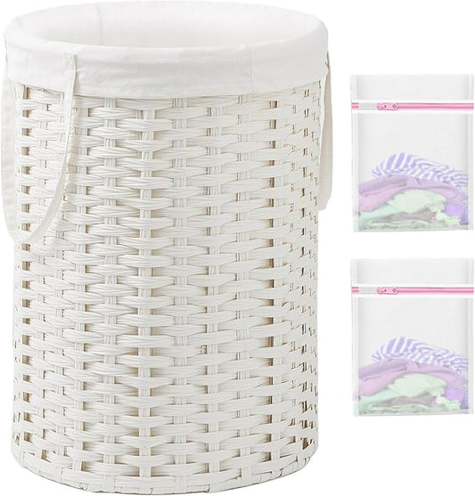 Laundry Basket Round Rattan Laundry Hamper 29.1 Gal (110 L) Handwoven Large Wicker Basket with Handles, Wicker Hamper with Removable Bags and 2 Mesh Bags for Bathroom Living Room White