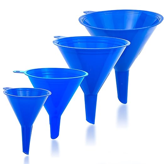 Funnel 4-Pack Funnels for Kitchen Use Filling Bottles - Food-Grade Plastic, Funnels for Automotive Use, Mess-Free Filling, funnels for Filling Bottles, Sizes (122, 101, 76 & 50mm)