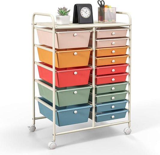 GOFLAME 15-Drawer Rolling Storage Cart, Multipurpose Movable Organizer, Utility Cart for Home, Office, School, Macaron Color