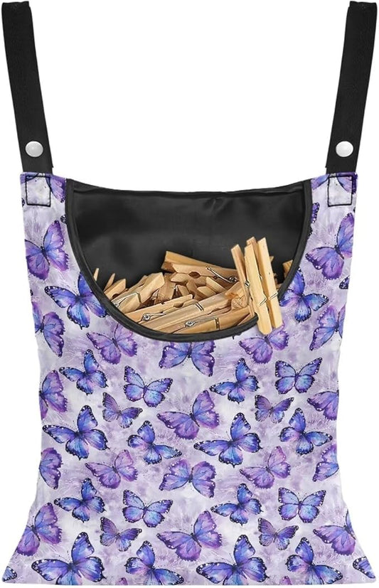 Butterfly Purple Clothespin Bag for Clothesline Outdoor, Soft & Lightweight Hanging Bag for Laundry, Clothes Pins Bag Holder Outdoor, Clothes Pin Bag for Outside