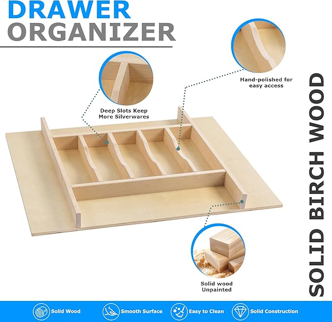 WelFurGeer Premium Wooden Silverware Organizer for Kitchen Drawers, Utensil Tray for Kitchen Drawer, Cutlery Drawer Organizer for Forks, Spoons, Knives - Sturdy Birchwood, Natural Finish