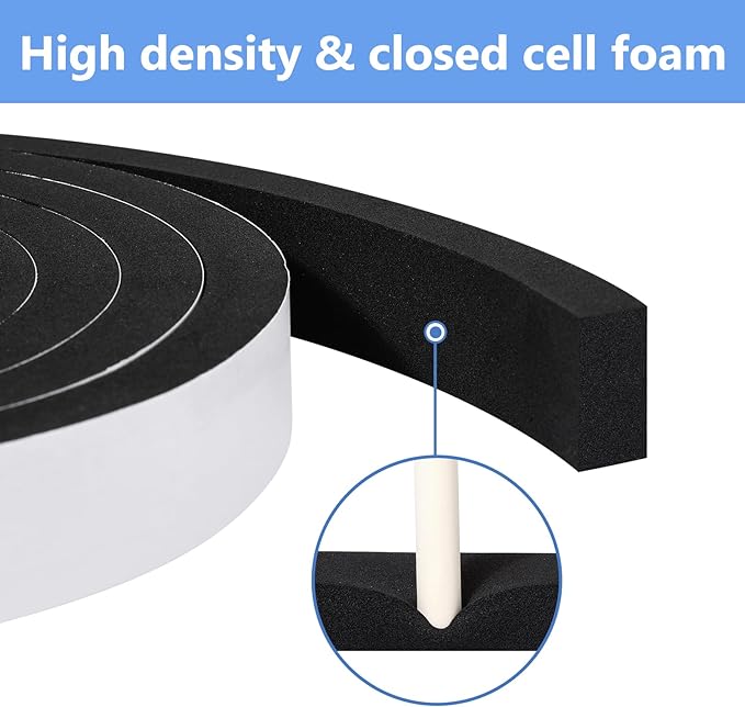 Weather Stripping Door Seal Strip- 2 Inch X 1/16 Inch X 32Feet, Strong Adhesive, Lightproof, Soundproof, Weatherproof Foam Tape Insulation for Sliding Door, Front Door Frame, Windows- Black