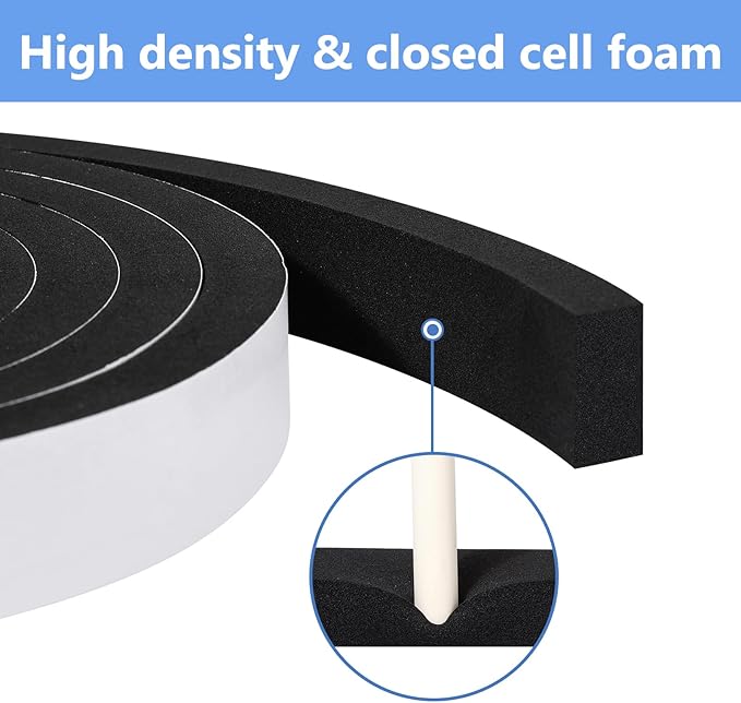 Weather Stripping Door Seal Strip- 1 Inch X 1/4 Inch X 16Feet, Strong Adhesive, Lightproof, Soundproof, Weatherproof Foam Tape Insulation for Sliding Door, Front Door Frame, Windows- Black