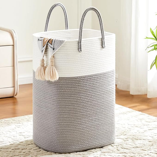 Laundry Basket,Woven Cotton Rope Laundry Hamper,Versatile Storage for Dirty Clothes,Baby Toys,and Blankets in Bathroom, Nursery,and Living Room (Grey, 80L)
