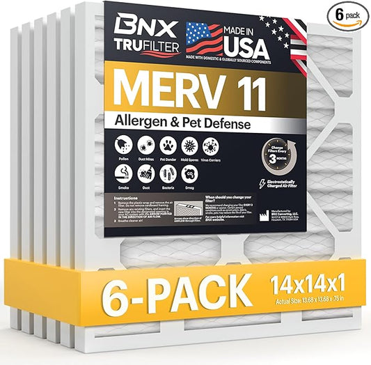 BNX TruFilter 14x14x1 Air Filter MERV 11 (6-Pack) - MADE IN USA - Allergen Defense Electrostatic Pleated Air Conditioner HVAC AC Furnace Filters for Allergies, Dust, Pet, Smoke, Allergy MPR 1200 FPR 7