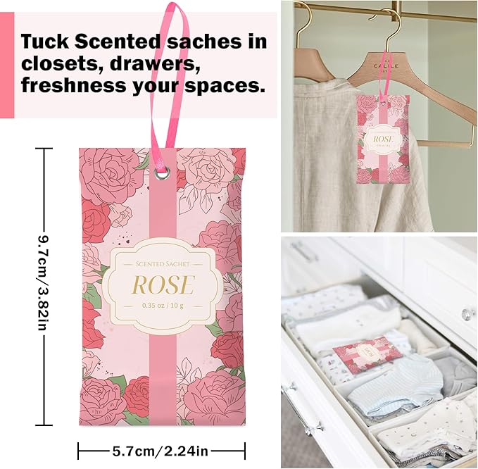 SCENTORINI Scented Sachets for Drawers and Closets, Rose Scent 14 Pack, Long-Lasting Sachets Bags Wardrobe Freshener, for Drawers, Closets, Cars