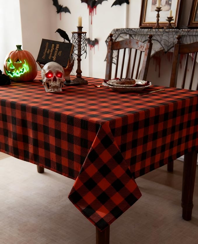 Orange Gingham Tablecloth Fabric - Oblong 58x120 Water Resistant Autumn Plaid Table Cloth for Indoor/Outdoor Use - Fall Tabletop Cover for Birthday, Picnics, Gardens, and Halloween Party