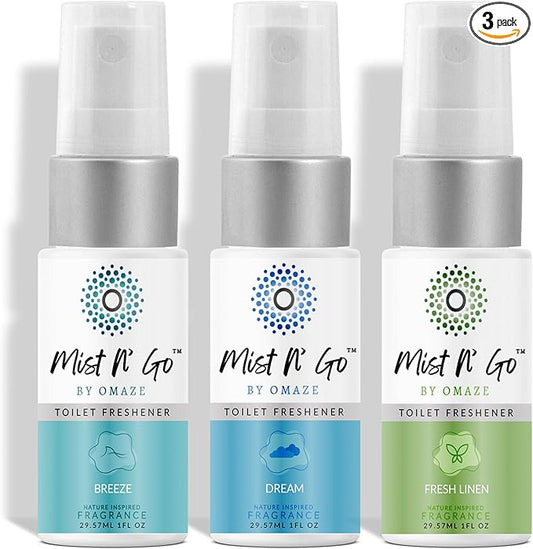 Mist N' Go by Omaze Travel Toilet Spray Odor Eliminator - Toilet Freshener for Bathroom Air Deodorizer - Clean Mix, Travel Size (3x1oz)