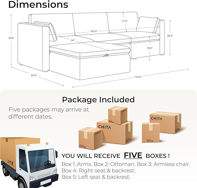 CHITA Modular Sectional Sofa, FSC Certified L Shaped Cloud Couch, Modular Sectional Couch, 112 inch Width,4 Seat Modular Sofa with Storage Ottoman, Terracotta