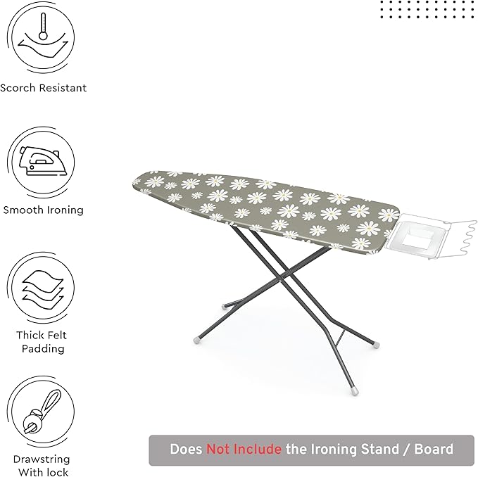Encasa XO Ironing Board Cover and Pad 42"x14" - Thick 3mm Felt Padding, Drawstring Tightening & Lock, Easy Fit, Scorch & Stain Resistant, Fits Medium Ironing Board - Daisy Grey