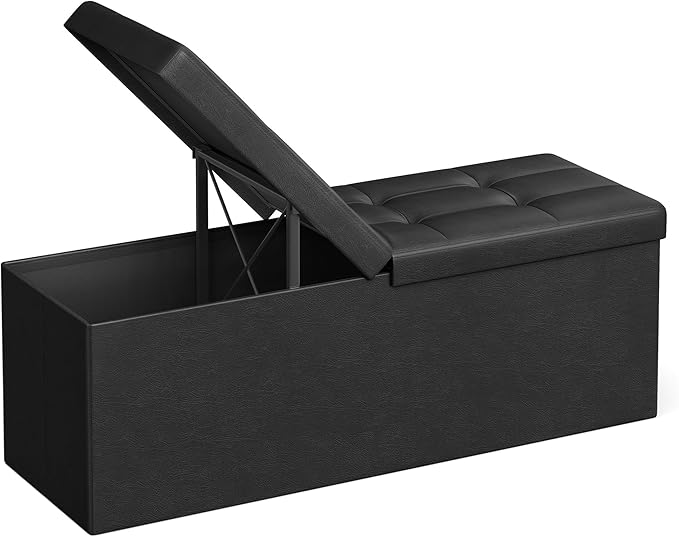 SONGMICS MAZIE Collection - 43 Inches Storage Ottoman Bench with Flipping Lid, Storage Chest with Iron Frame Support, Load 660 lb, for Living Room, Bedroom, Synthetic Leather, Black ULSF75BK