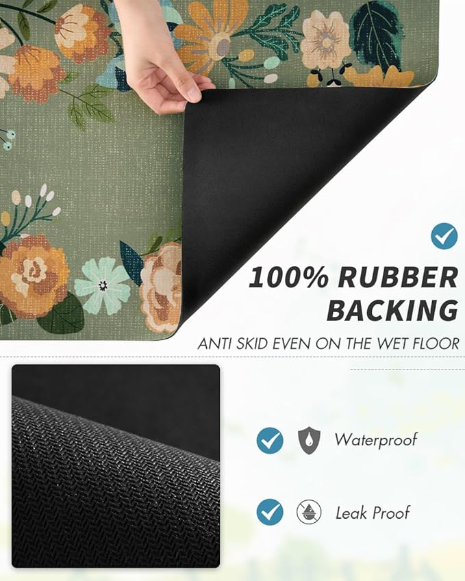 AMOAMI Coffee Mat Hide Stain Rubber Backed Absorbent Dish Drying Mat for Kitchen Counter - Fits Under Coffee Maker - Floral GREEN 12X19