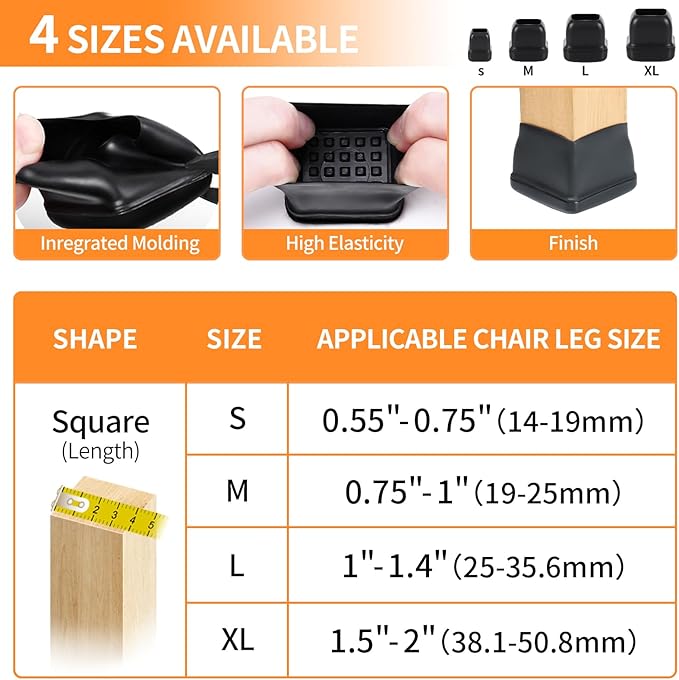Ezprotekt 24 Pcs Chair Leg Sliders for Carpet, Square Black Chair Glides Teflon Furniture Pads, Bar Stool Leg Protectors Caps for Rug - for Dining Table, Couch, Patio Legs (M Fit: 0.75" - 1")