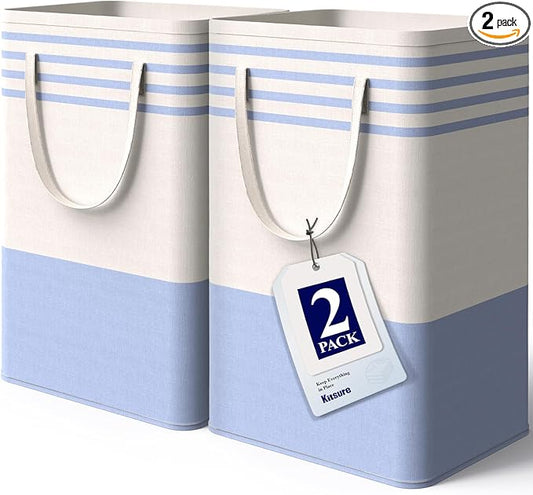 Kitsure Laundry Hamper - 2-Pack Collapsible Laundry Baskets with Well-Stitched Handles, Free-Standing Clothes Hamper with Rigid Top Edge for Household, Dorm Use, 2 x 75L, Blue