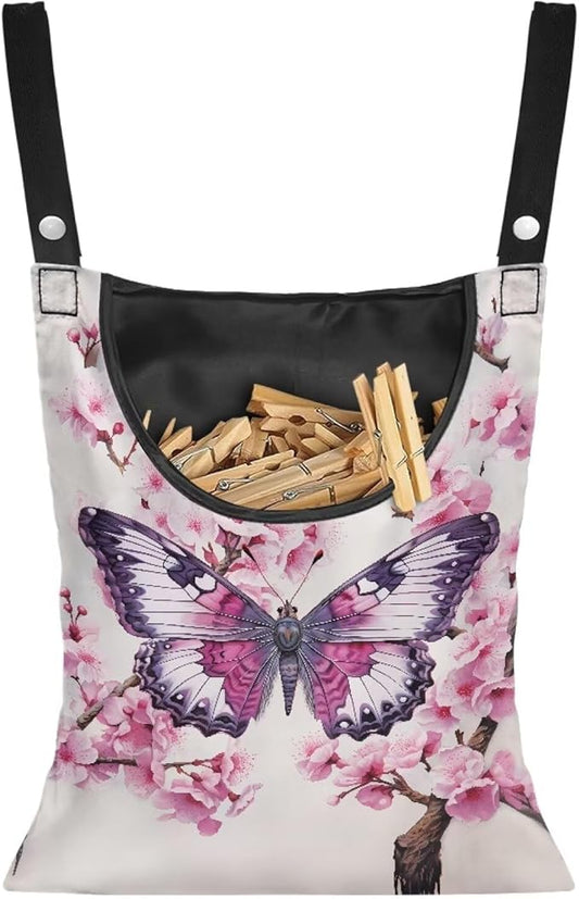2 Pcs Clothes Pin Hanging Bag, Butterfly Clothes Pins Bag Holder Outdoor 4.Stylish Clothespin Bag with Hanging Rope for Clothes Pin and Clothespin
