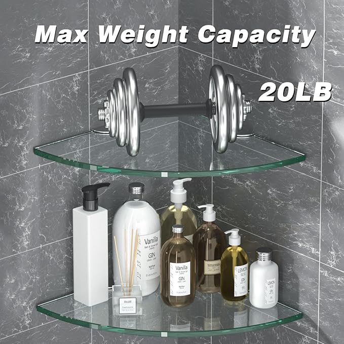 Corner Glass Shower Caddy 4 Pack 8MM-Thick Tempered Glass Shelf No Drilling Wall Mount Corner Mounted Shelves Space Saver Adhesive Bathroom Home Shelf Shampoo Holder Organizer Strong Adhesion