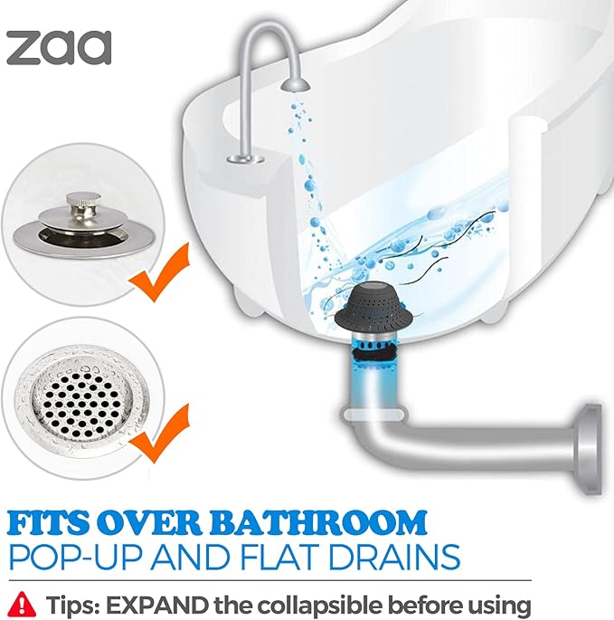 zaa Bathtub Drain Hair Catcher, Silicone Collapsible 1 Pack Drain Protector for Pop-Up and Regular Drains of Shower,Tub, Bathroom, Sink, Charcoal Black