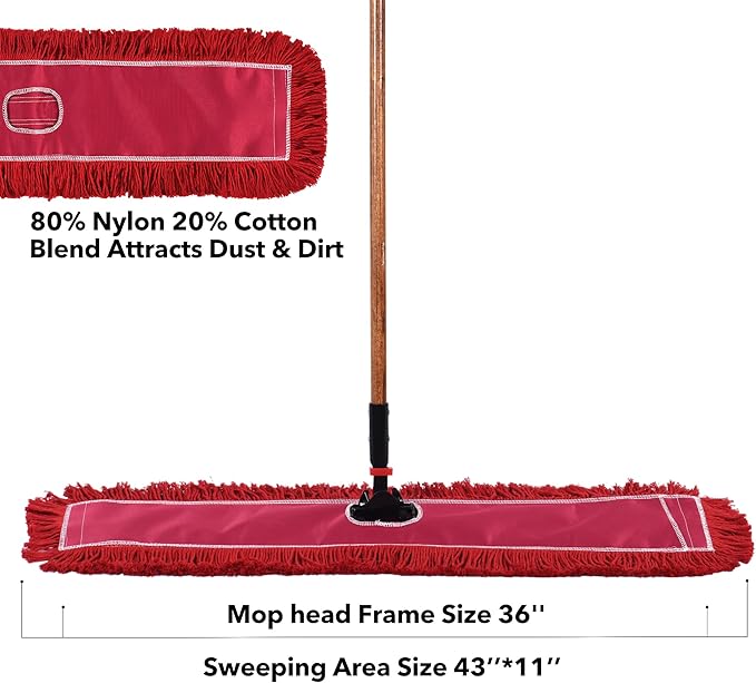 Matthew Cleaning 36'' Industrial Strength Cotton Dust Mop Refill Washable Replacement Heads for Residential & Commercial Use Fit Standard Dust Mop Frames, Hardwood, Concrete Floors Red 1 Pack