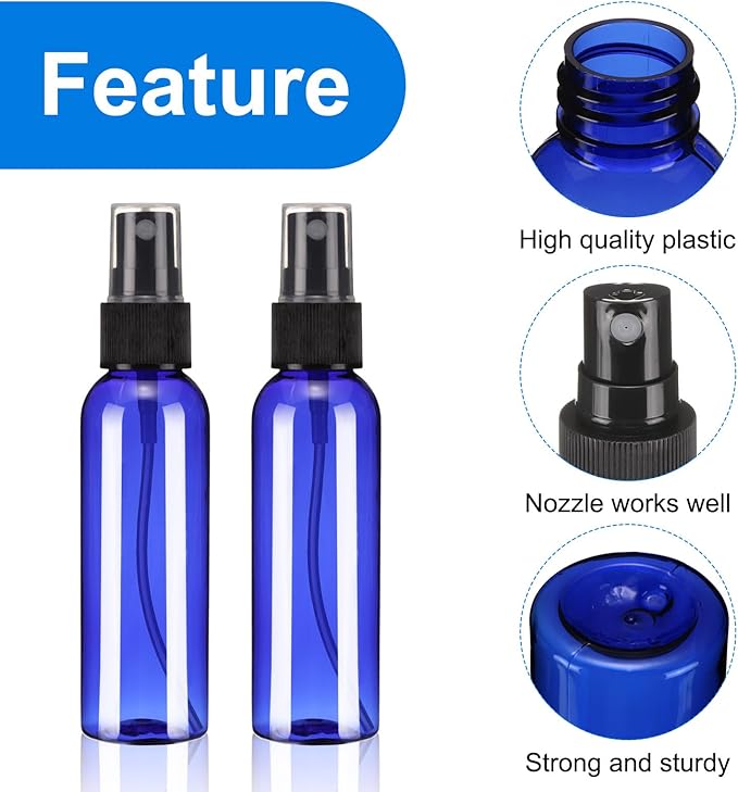 uxcell 100 Pack Spray Bottles, 2 Oz/60ML Reusable Clear Empty Mist Plastic Mini Travel Bottle Set,Small Refillable Liquid Containers for Household Use, Essential Oil(Blue Black)