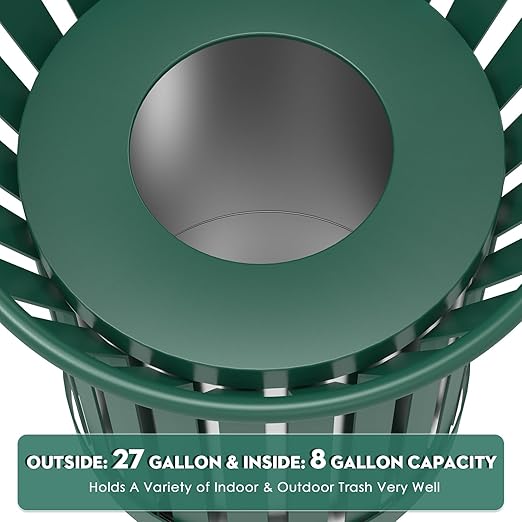 8Gallon/30L Commercial Outdoor & Indoor Metal Trash Can, Outdoor Slatted Trash Receptacle with Metal Linner, All Weather Resistant Large Outside Zone Round Garbage Bin for Street, Park, School - Green