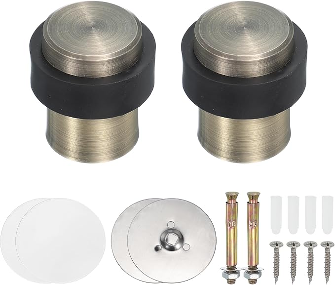 PATIKIL 2Set Round Door Stoppers, 46mm Stainless Steel Door Stop Doorstop Wedge Metal Cylinder Self Adhesive with Screw for Bottom of Door Floor Inside, Bronze