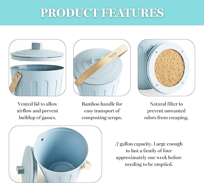 Martha Stewart Indoor Compost Bin | Countertop Composting Bucket for Kitchen | .7 Gallon Capacity | Includes Filter | Plant Based Materials | Light Blue