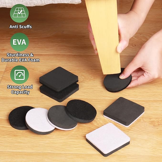 Ezprotekt 2.5" Felt Furniture Movers Sliders for Hardwood Floors, 24 Pcs Reusable Square Felt Furniture Moving Pads for Sofa Table Bed Desk Couch Cabinet, Furniture Glides Easily and Quickly (Black)