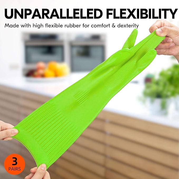 Vgo... 3-Pairs Dishwashing Gloves - Reusable Household, Kitchen, Long Sleeve, Thick Latex, Cleaning, Washing, Working, Painting, Gardening, Pet Care (Size L, Green, RB2143)
