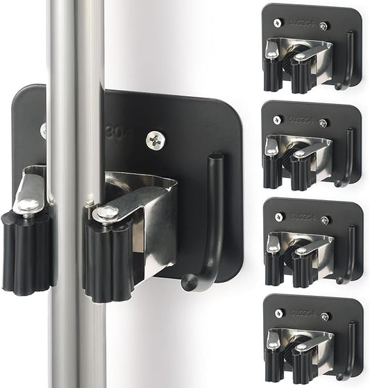 Broom Holder Wall Mount Screw Drilling, Sturdy Heavy Duty Stainless Steel Mop Gripper Rack Perforated, Perfect for Laundry Room Organizer, Fit with Laundry Kitchen Garage Garden Storage System