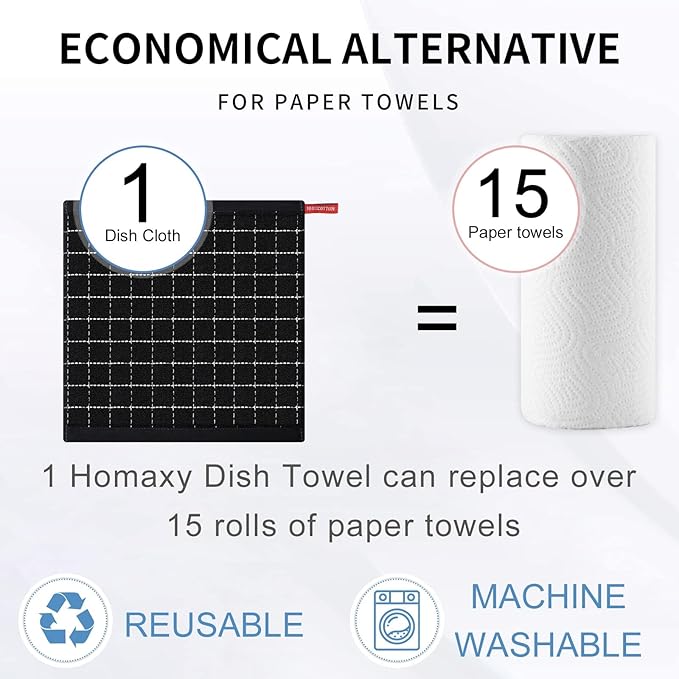 Homaxy 100% Cotton Terry Kitchen Dish Cloths, Ultra Soft and Absorbent Dish Towels for Kitchen, Suitable for Drying and Washing Dishes, 8 Pack, 12 x 12 Inches, Black