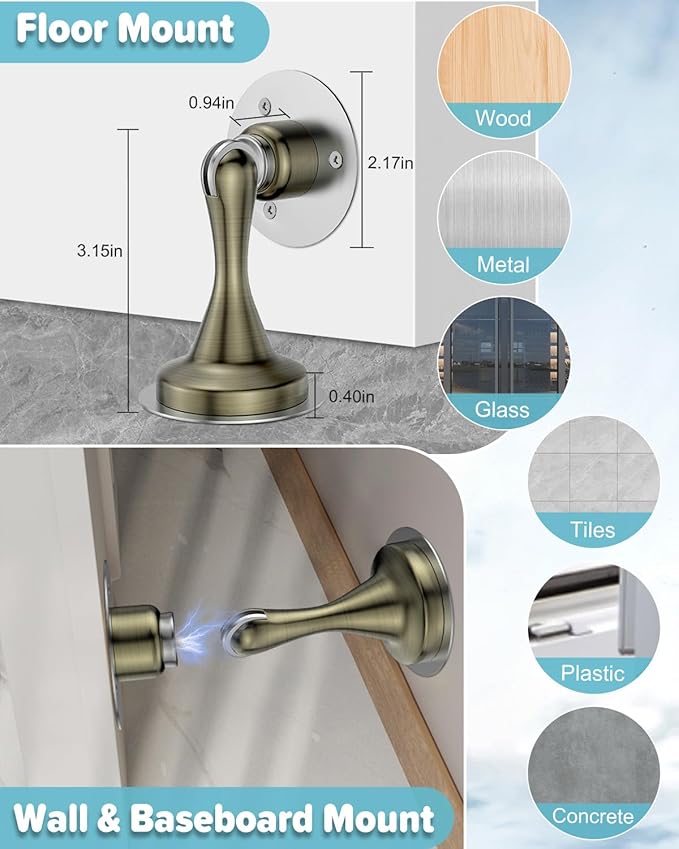 Door Stoppers Magnetic Door Catch - 6 Pack Stainless Steel Heavy Duty Door Stops for Bottom of Door, Wall & Floor Mounting No-Drill Strong Adhesive & Screws, Strong Door Holder to Keep Door Open