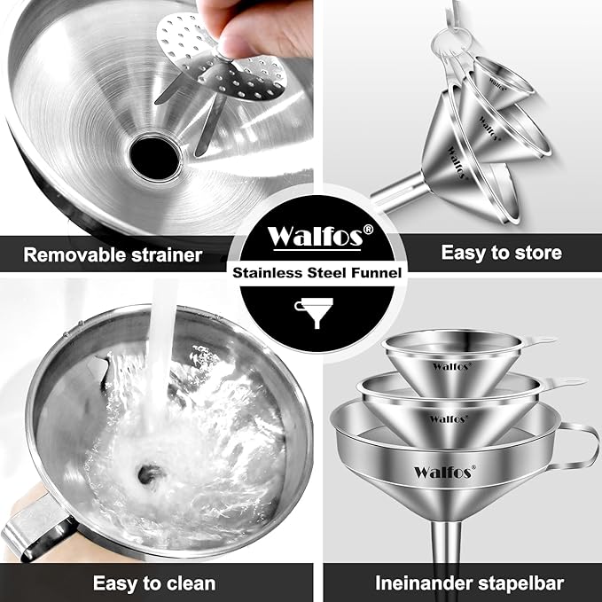 Stainless Steel Funnel, Walfos 3 Different Sizes of Kitchen funnels with 2 Removable Strainer ＆ 1Pcs Cleaning Brush, for Transferring of Liquid, Oils, Jam, Powder