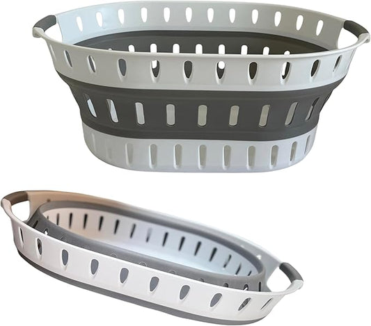 Premium Collapsible Laundry Baskets – Foldable Laundry Basket & Hamper Bin 45L with Handles for Clothes, Ventilated Plastic Storage, White & Grey for Bedroom, Bathroom or Laundry Room