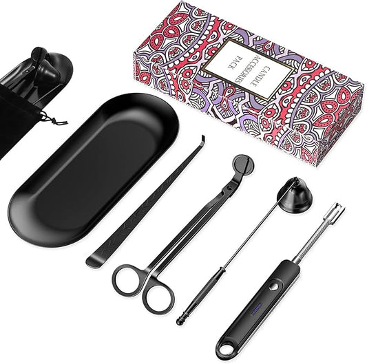 Lsnisni 5Pcs Candle Accessory Set With Rechargeable Electric Lighter, Storage Tray, Wick Trimmer, Snuffer, Dipper - Stainless Steel Care Kit With Gift Package for Candle Lovers - Black