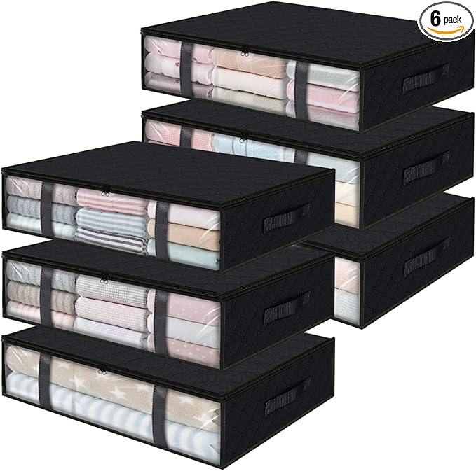 StorageRight Under Bed Storage Bins, 6-Pack 40L Foldable Fabric Storage Bags with Transparent Window, Breathable Organizer for Clothes/Blanket/Comforter/Quiltr, Black