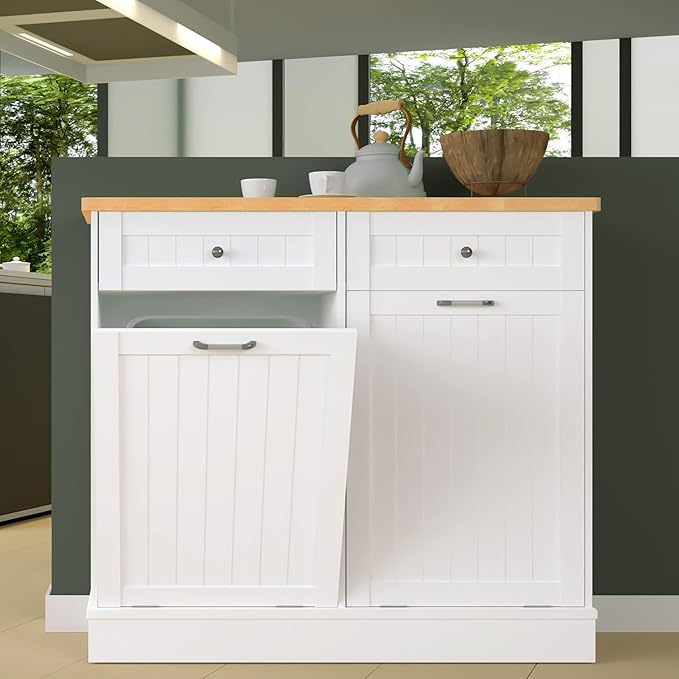 Betterhood Tilt Out Trash Cabinet 10 Gallon Wooden Free Standing Laundry Sorter Cabinet,Recycling Cabinet with Hideaway Drawer,Tilt Out Trash Cabinet Can Bin Kitchen