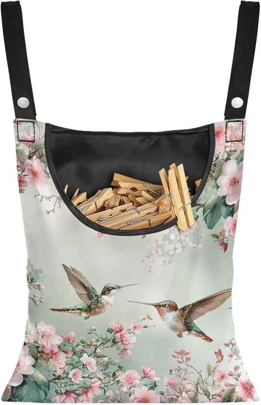 Hummingbird Clothespin Bags with Hanging Rope Space-Saving Clothespin Storage Organizer Waterproof Clothes Pin Holder for Clothesline Outdoor Rotatable Clothespin Storage Bag
