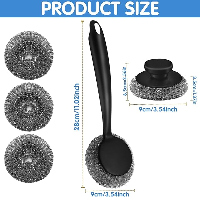Scrubber with Handle Comes with Three Replacement Balls Steel Wool, Short Handle Scrubber, Steel Wool Scrubber Supplies Dish Scrubber, Stainless Steel Scrubber Tool Metal Scrubber for Dishes