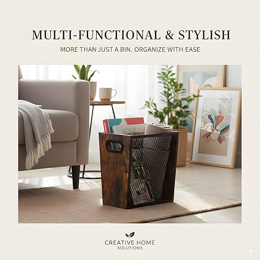 Piskyet Rustic Office Trash Can for Near Desk, 4.5 Gallon Unique Wood Bedroom Garbage Can,Vintage Wastebasket with Handle, Decorative Trash Can for Home Office,2pack 10.8" L x 7.8" W x 11.8" H